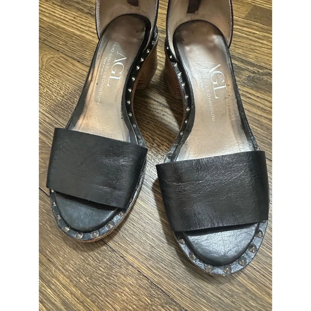 AGL Attilio Giusti Leombruni Black Ankle Strap Studded Sandals Size 37